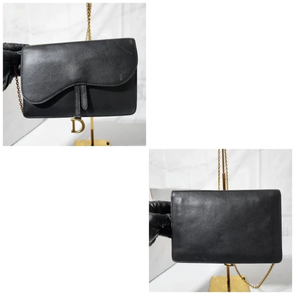 Authentic CHRISTIAN DIOR Grained Calfskin Wallet on Chain Black